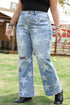 Star Print Multi Button Distressed Wide Leg Jeans