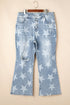 Star Print Multi Button Distressed Wide Leg Jeans