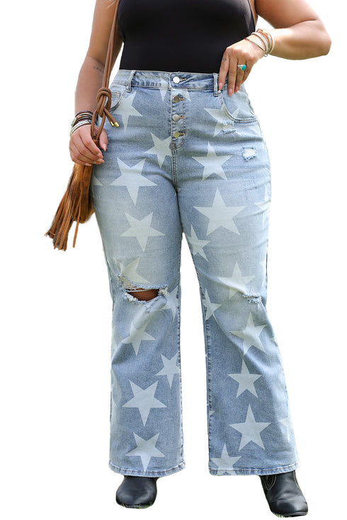 Star Print Multi Button Distressed Wide Leg Jeans