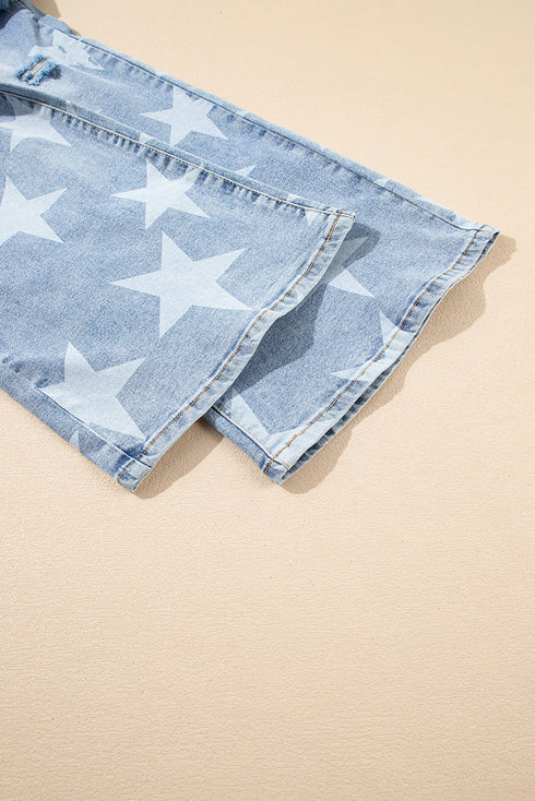 Star Print Multi Button Distressed Wide Leg Jeans