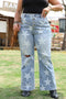 Star Print Multi Button Distressed Wide Leg Jeans