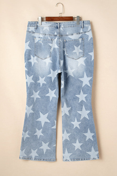 Star Print Multi Button Distressed Wide Leg Jeans