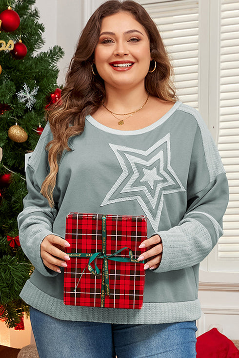 Star Print Patchwork Applique Round Neck Long Sleeve Top