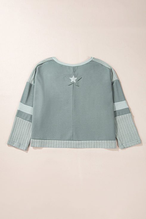 Star Print Patchwork Applique Round Neck Long Sleeve Top