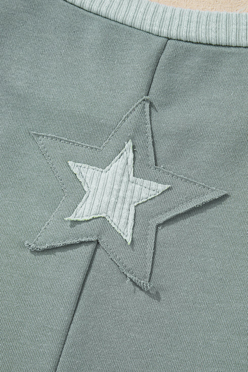 Star Print Patchwork Applique Round Neck Long Sleeve Top