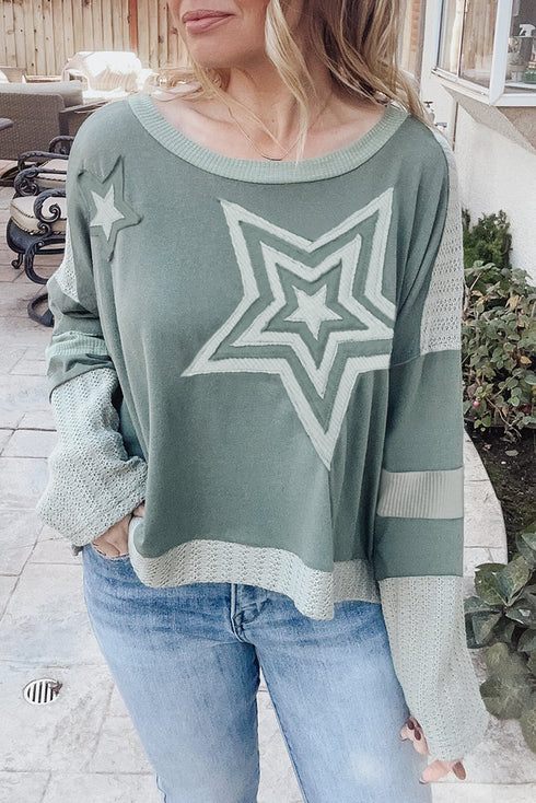 Star Print Patchwork Applique Round Neck Long Sleeve Top