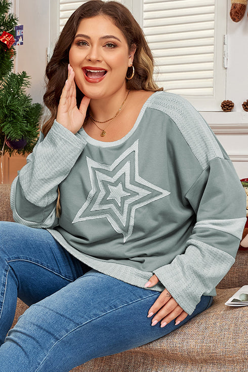 Star Print Patchwork Applique Round Neck Long Sleeve Top