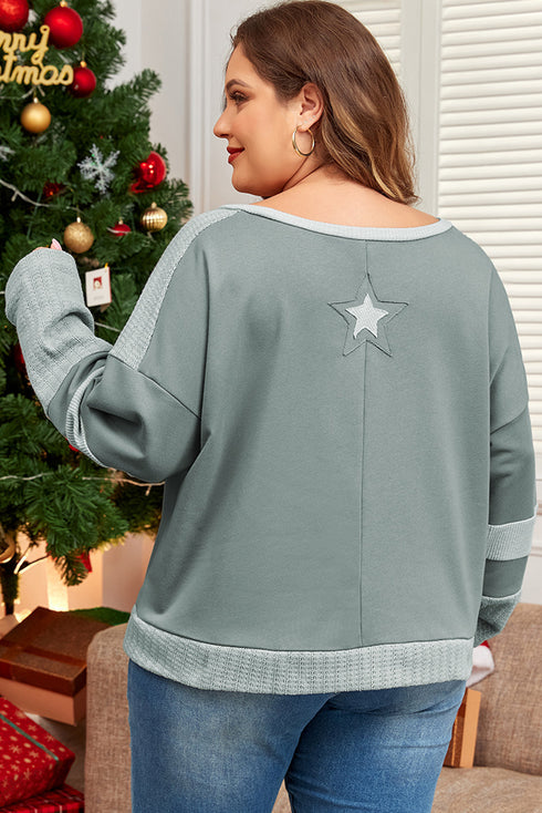 Star Print Patchwork Applique Round Neck Long Sleeve Top