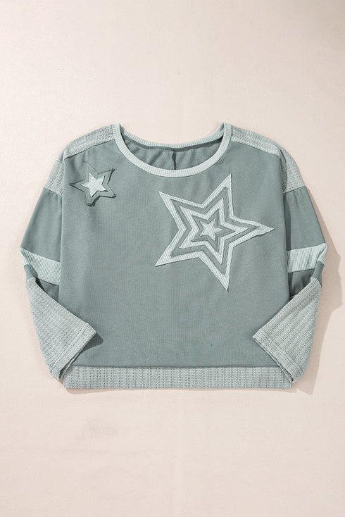 Star Print Patchwork Applique Round Neck Long Sleeve Top