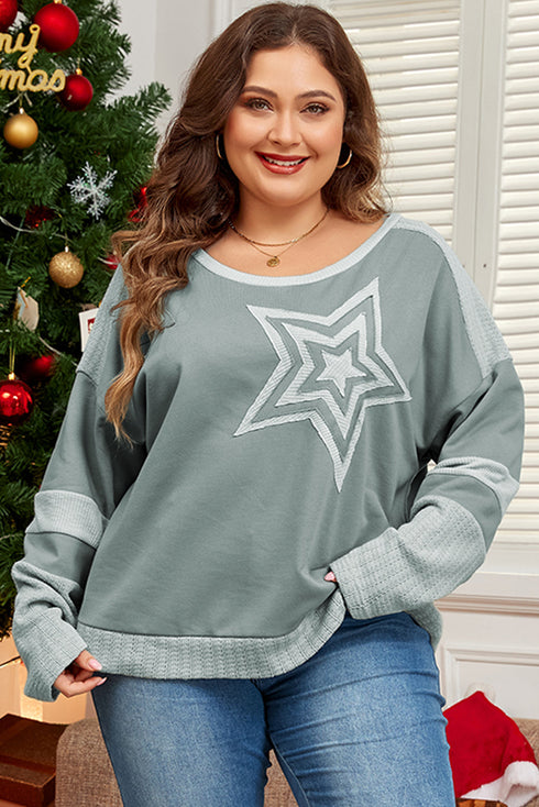 Star Print Patchwork Applique Round Neck Long Sleeve Top