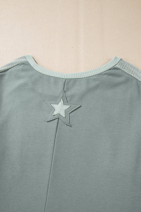 Star Print Patchwork Applique Round Neck Long Sleeve Top