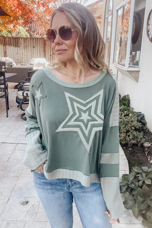 Star Print Patchwork Applique Round Neck Long Sleeve Top