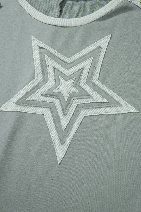 Star Print Patchwork Applique Round Neck Long Sleeve Top