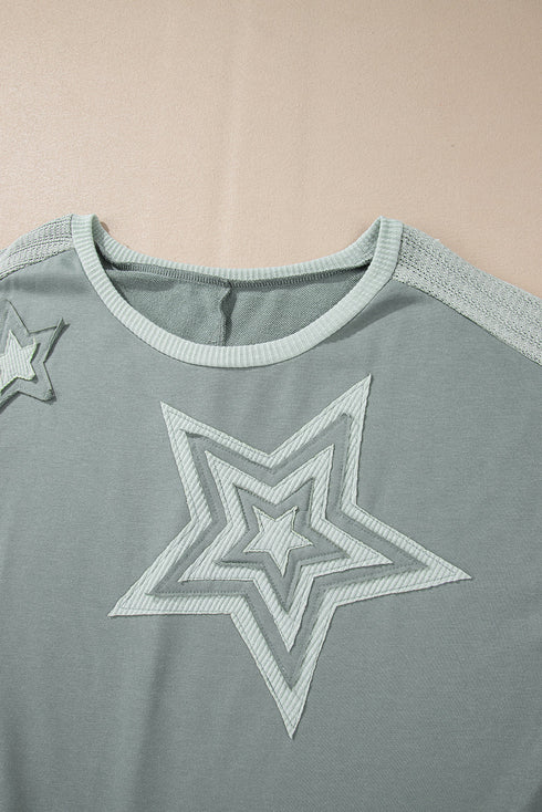 Star Print Patchwork Applique Round Neck Long Sleeve Top