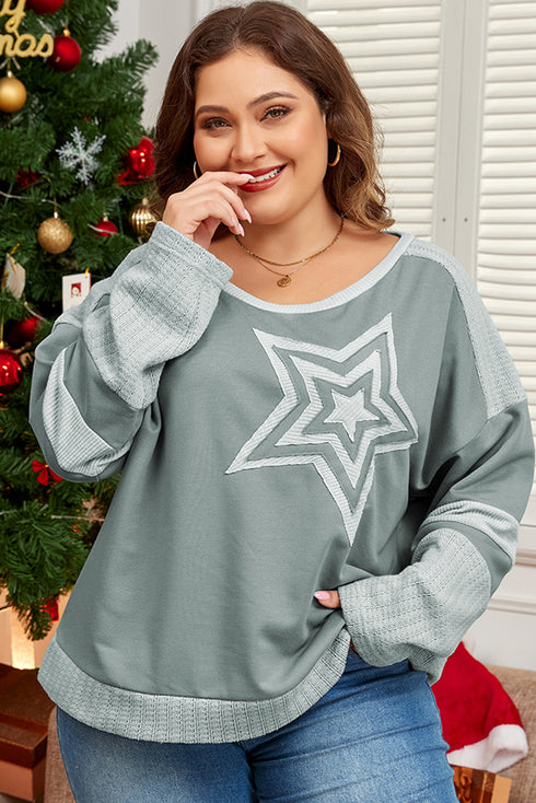 Star Print Patchwork Applique Round Neck Long Sleeve Top