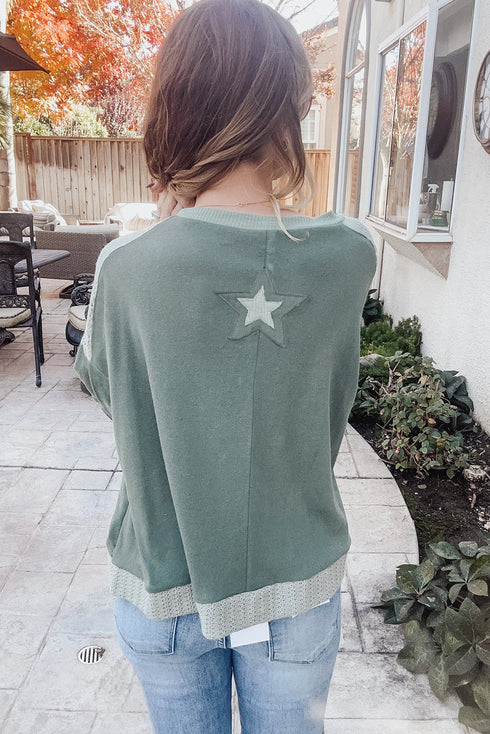 Star Print Patchwork Applique Round Neck Long Sleeve Top