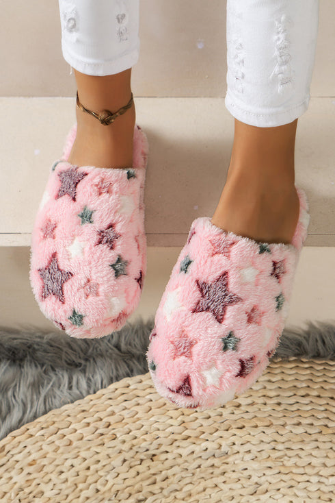 Star Print Plush Fleece Open Toe Slide Slippers