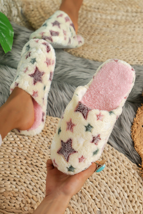 Star Print Plush Fleece Open Toe Slide Slippers