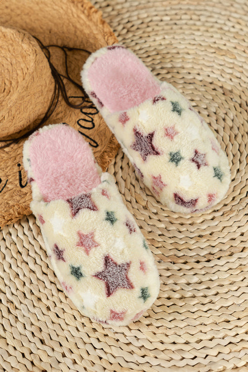 Star Print Plush Fleece Open Toe Slide Slippers
