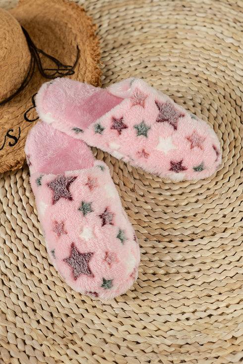 Star Print Plush Fleece Open Toe Slide Slippers