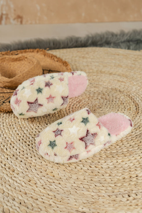 Star Print Plush Fleece Open Toe Slide Slippers