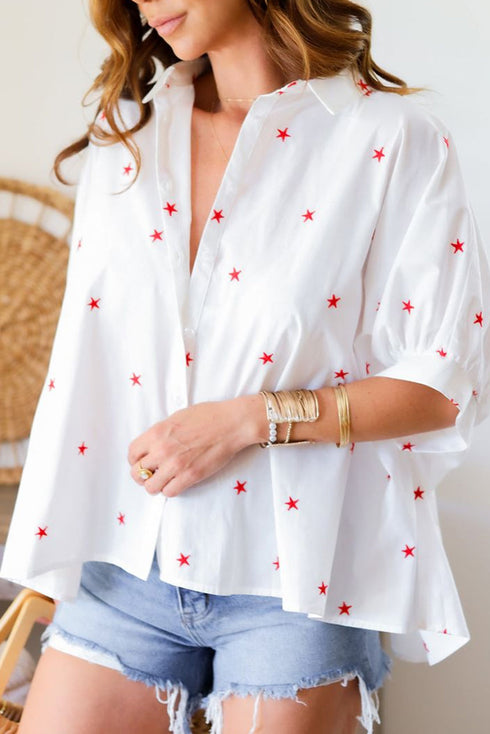 Star Print Puff Sleeve Button Down Shirt