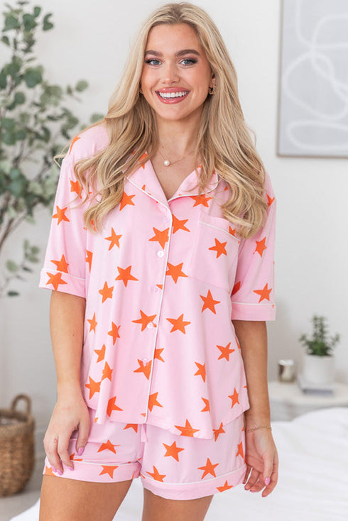 Star Print Short Sleeve Button Front Pajama Set