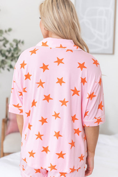 Star Print Short Sleeve Button Front Pajama Set