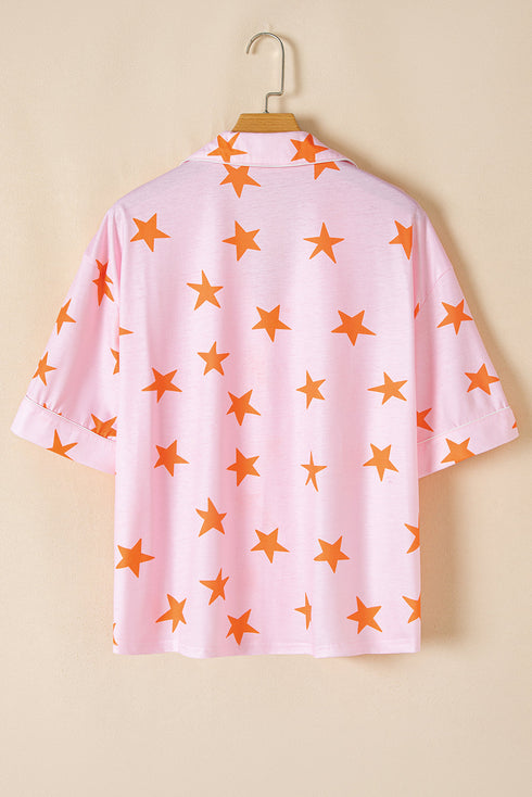 Star Print Short Sleeve Button Front Pajama Set