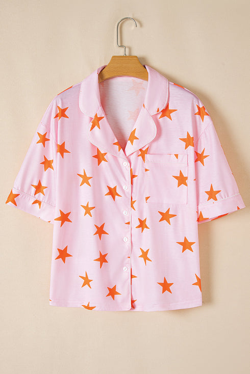 Star Print Short Sleeve Button Front Pajama Set