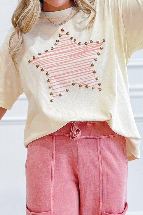 Star Print Studded Detail Cotton Jersey Top