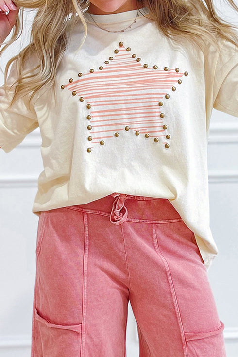 Star Print Studded Detail Cotton Jersey Top