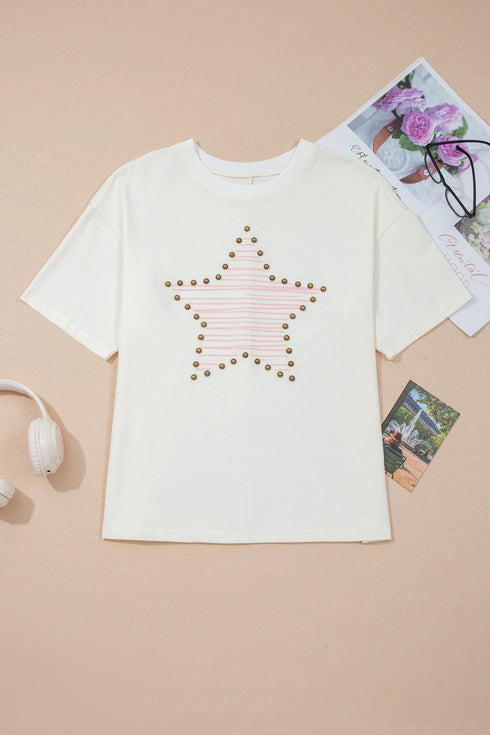 Star Print Studded Detail Cotton Jersey Top