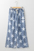 Star Print Washed Drawstring Elastic Waist Wide Leg Jeans