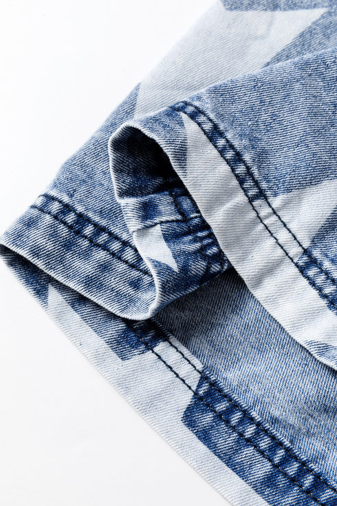 Star Print Washed Drawstring Elastic Waist Wide Leg Jeans