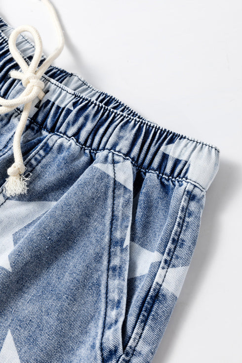 Star Print Washed Drawstring Elastic Waist Wide Leg Jeans