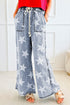 Star Print Washed Drawstring Elastic Waist Wide Leg Jeans