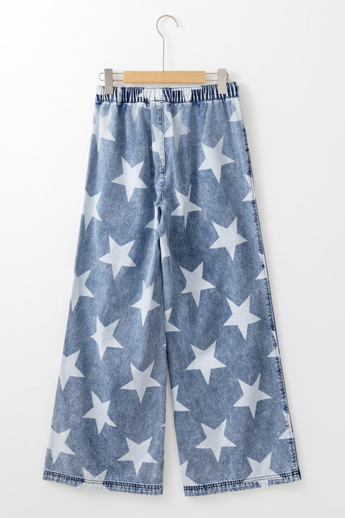 Star Print Washed Drawstring Elastic Waist Wide Leg Jeans