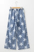 Star Print Washed Drawstring Elastic Waist Wide Leg Jeans