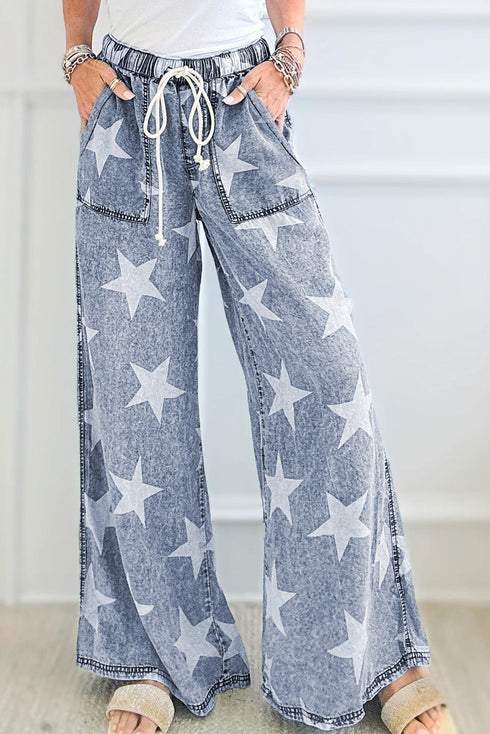 Star Print Washed Drawstring Elastic Waist Wide Leg Jeans