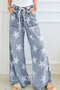 Star Print Washed Drawstring Elastic Waist Wide Leg Jeans