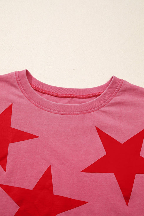 Star Printed Mineral Wash Casual Cotton T Shirt