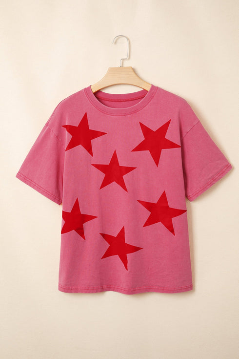 Star Printed Mineral Wash Casual Cotton T Shirt