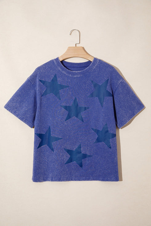 Star Printed Mineral Wash Casual Cotton T Shirt