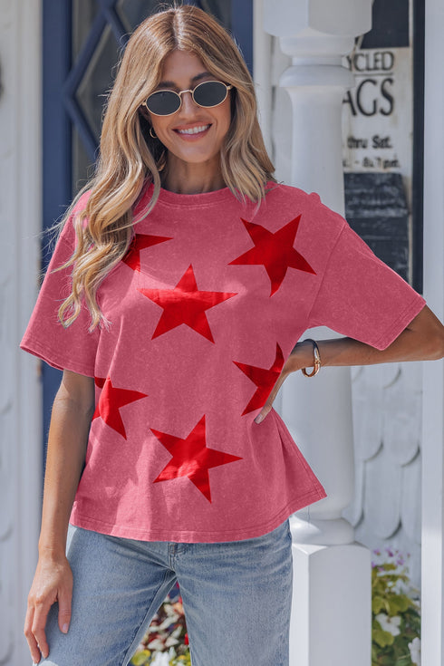 Star Printed Mineral Wash Casual Cotton T Shirt