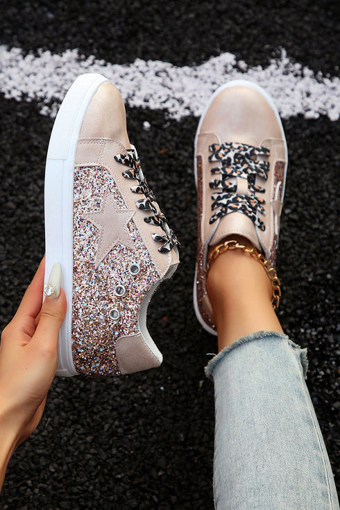 Star Sequin Patchwork Leopard Print Lace Up Sneakers