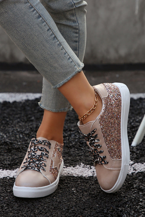 Star Sequin Patchwork Leopard Print Lace Up Sneakers