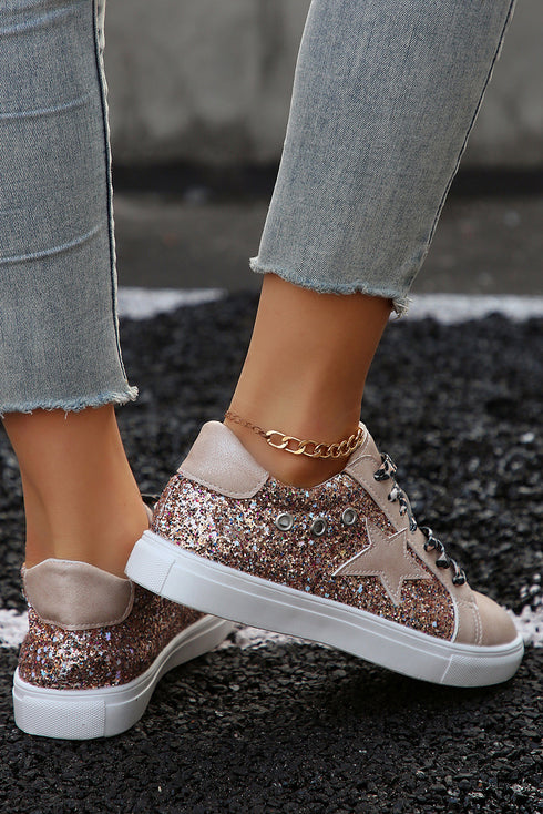Star Sequin Patchwork Leopard Print Lace Up Sneakers