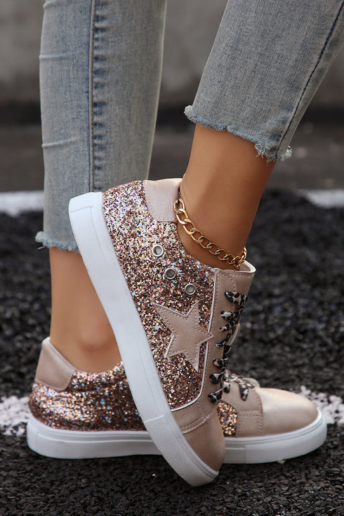 Star Sequin Patchwork Leopard Print Lace Up Sneakers
