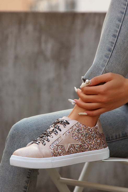 Star Sequin Patchwork Leopard Print Lace Up Sneakers